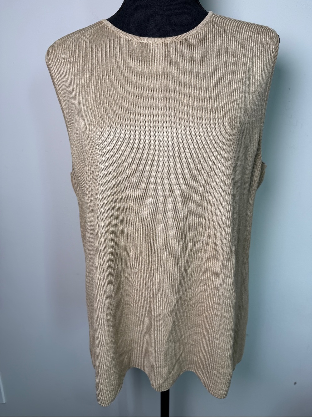 Linda Allard Ellen Tracy Silk Knit Sleeveless Tank Sweater Shell Top Tan Sz L